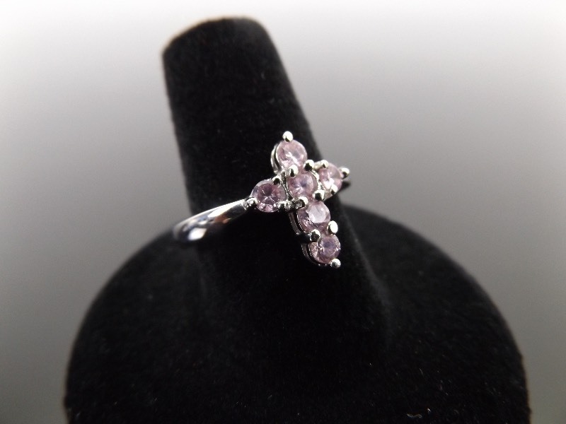 lot 64 image: .925 Sterling Silver Pink Crystal Cross Ring Size 8.25