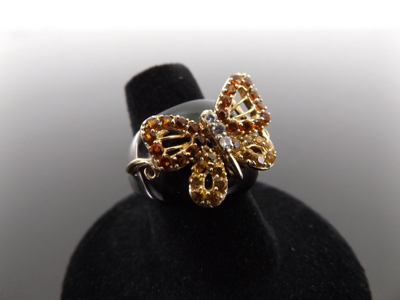 lot 62 image: .925 Sterling Silver Crystal Butterfly Black Onyx Ring Size 7.5