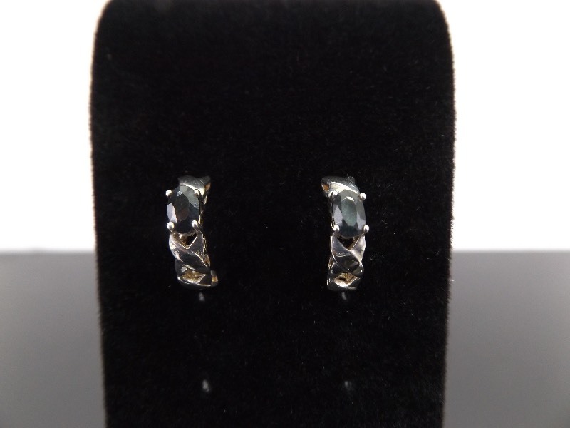 lot 93 image: .925 Sterling Silver Faceted Black Sapphire Half Hoop Earrings