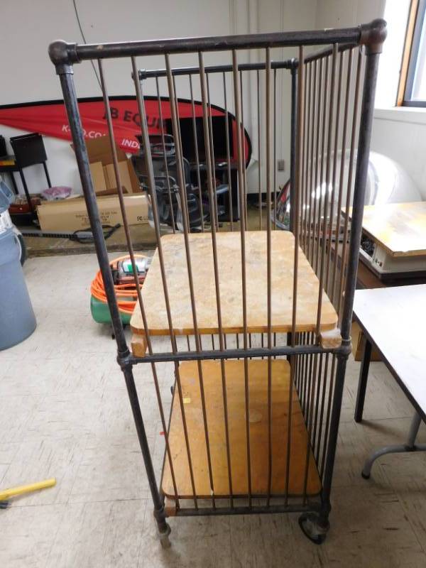 lot 44 image: Metal Rolling Cart with Wooden Shelves