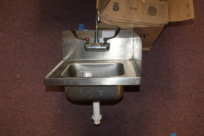 lot 28 image: Stainless Steel Sink with Backsplash and HotCold, Gooseneck Fixtures