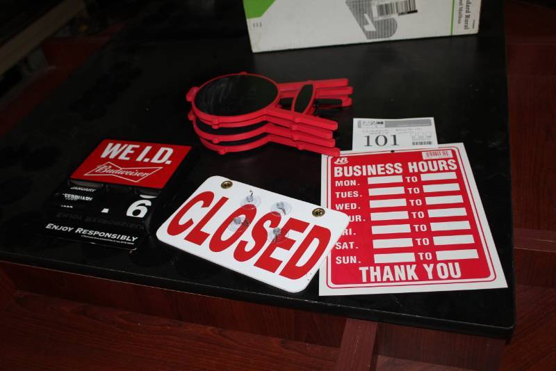 lot 101 image: Lot of (4) Floor Standing Chalkboards, CLOSED Sign, Business Hours Sign, We ID Sign