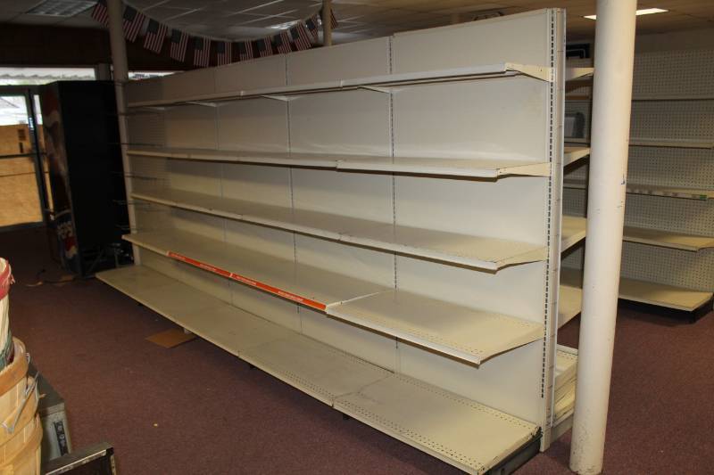 lot 59 image: Lozier Row Shelving Display Unit with Adjustable Shelves and Pegboard