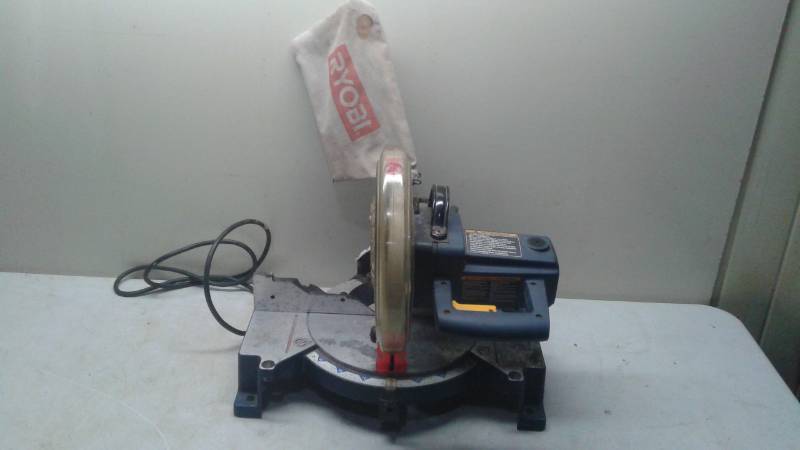 lot 49 image: Ryobi Compound Miter Saw, Used, Shows Wear, Power Works, No Blade