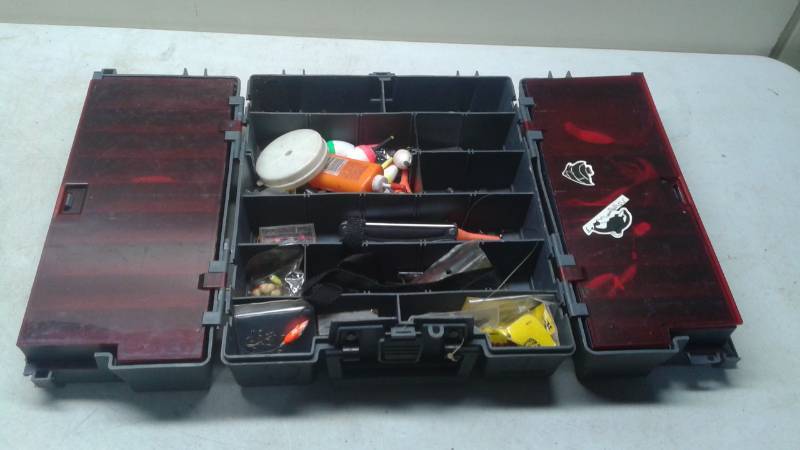 lot 11 image: Plano Phantom Fishing Tackle Box With Some Items, Used, Shows Wear