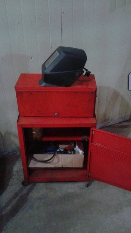 lot 48 image: Red Tool Box With Some Wrenches, Welding Mask, Other Items