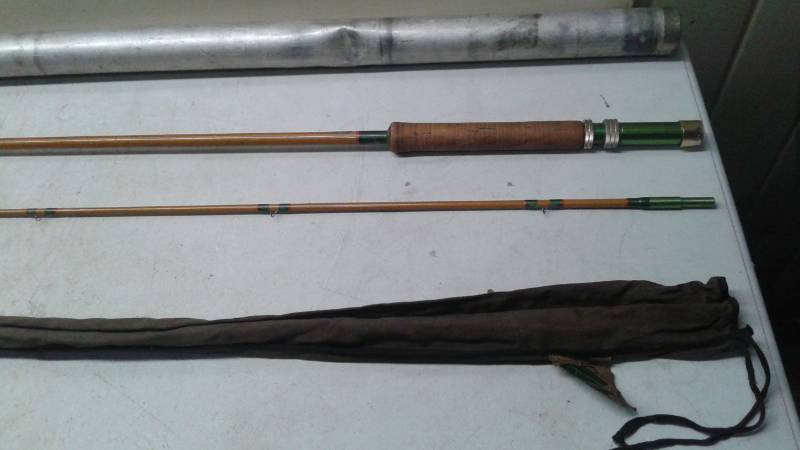 lot 36 image: Action Rod Fishing Pole And Case, Shows Some Wear, Painted Bamboo Style