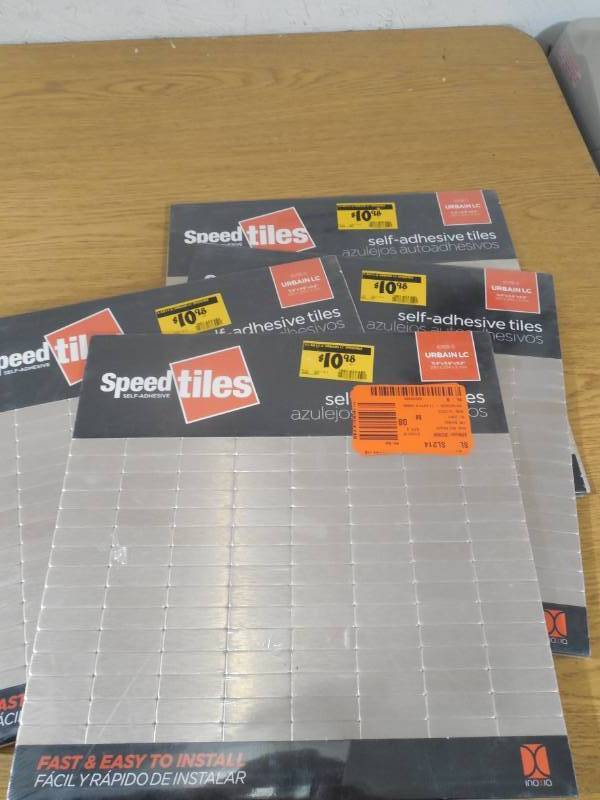 lot 59 image: (4) Inoxia SpeedTiles Urbain S2 Silver Stainless Steel 11.42 in. x 11.57 in. x 5 mm Metal Self-Adhesive Wall Mosaic Tile
