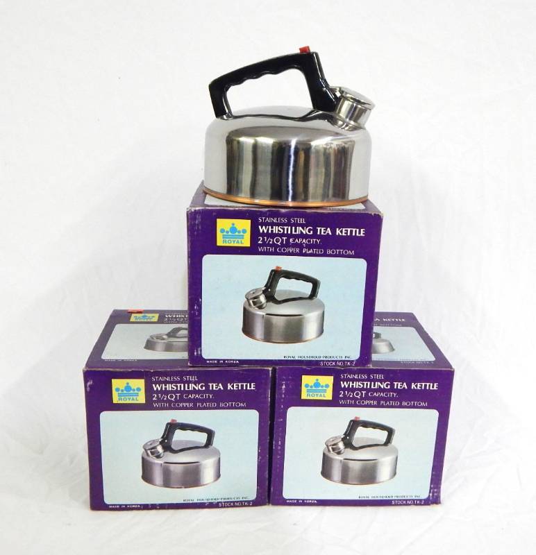Lot of New Vintage Stainless Steel Copper Plated Bottom Whistling Tea Kettles