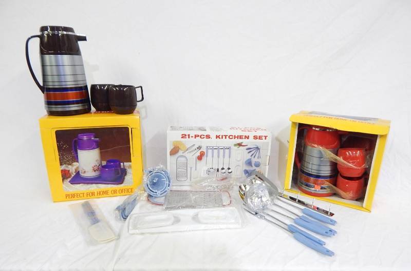 Lot of New Vintage Hot and Cold Coffee Sets and 21 Piece Kitchen Set
