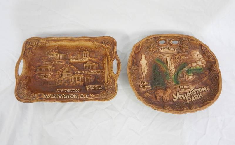 Lot of Vintage Washington D.C. and Yellowstone National Park Souvenir Faux Wood BowlsTrays