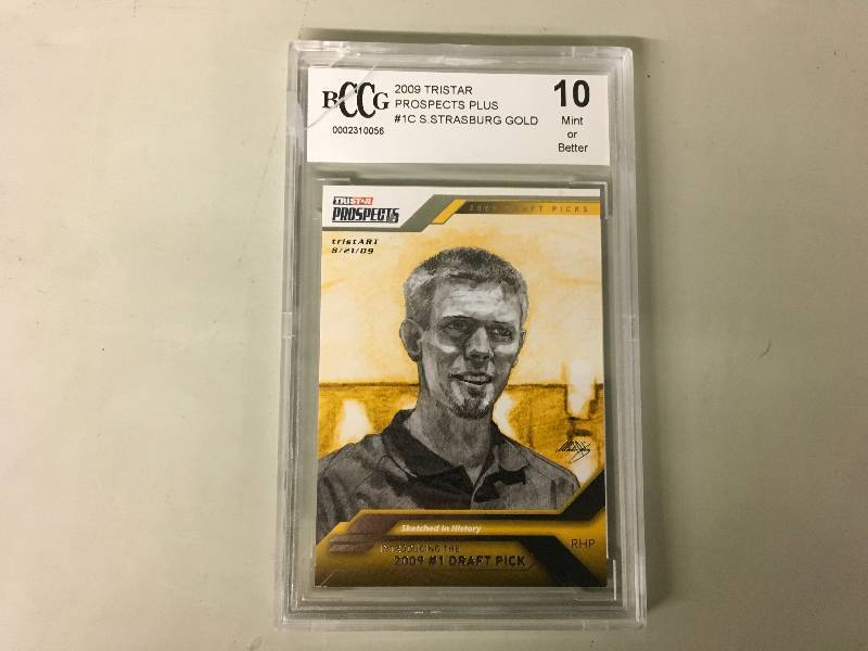 lot 137 image: 2009 Tristar Prospects Plus #1C S Strasburg Gold 10 Mint Card