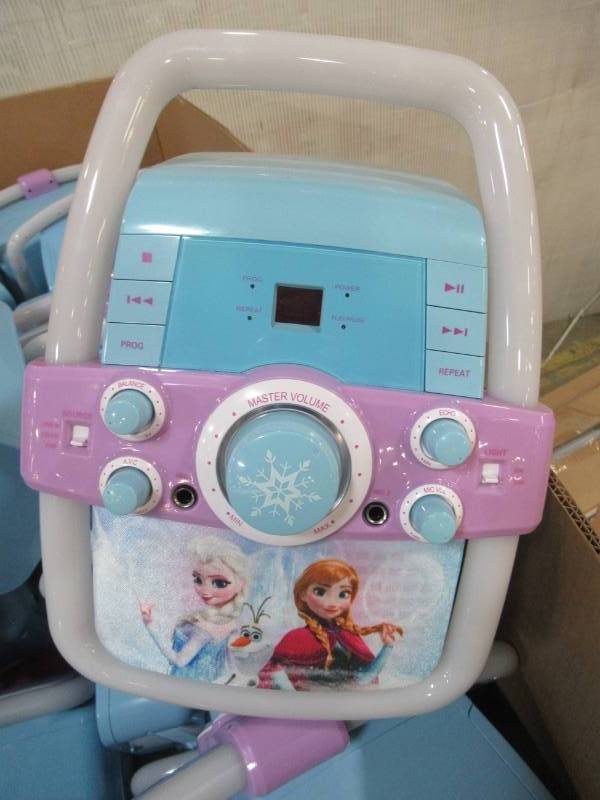 lot 148 image: Wholesale Pallet of Vivitar DISNEY FROZEN Elsa & Anna Colorful Flashing Lights Bar Karaoke Machines - Missing Microphones, Cords and CD.
