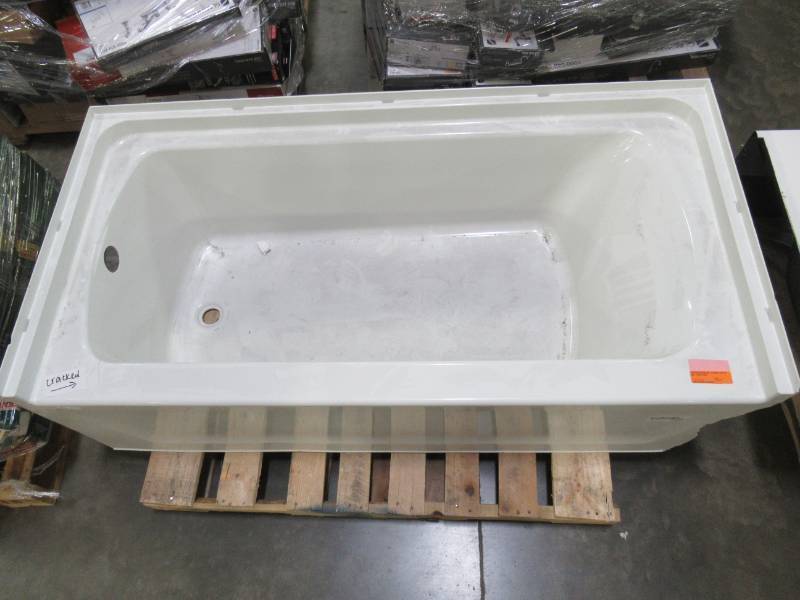 lot 52 image: Sterling Medley 60-in White with Right-Hand Drain, Cracked Front LH Corner, Apron Broken RH Side.