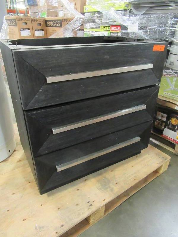 lot 70 image: Picket House Furnishings Grace 3-Drawer Black Nightstand with Hidden Drawer, CP600NS - Missing Quartz Top, Drawers have some issues OpenClose