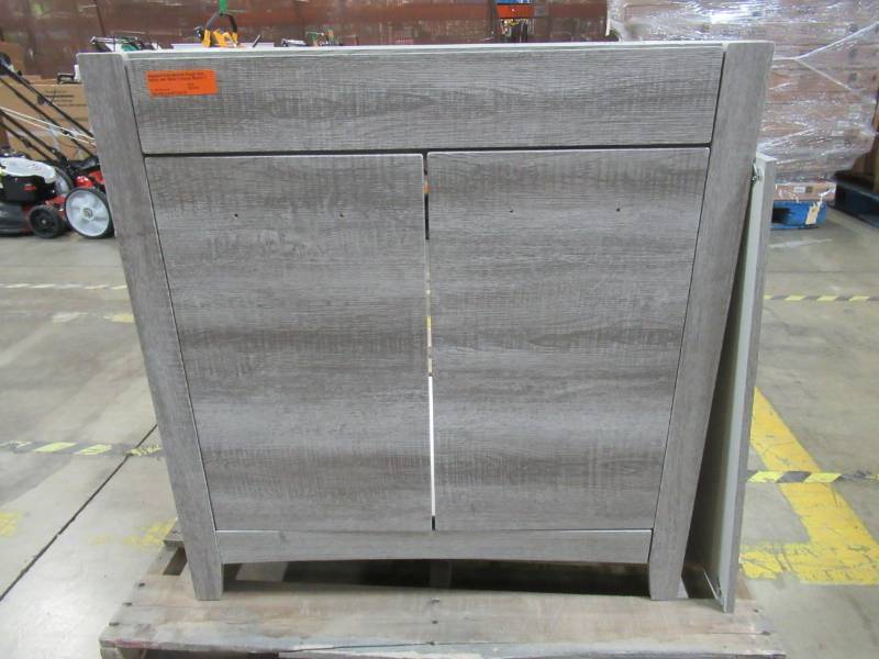 lot 28 image: Style Selections Highland Gray textured Vanity Cabinet and Mirror - Missing Vanity top.