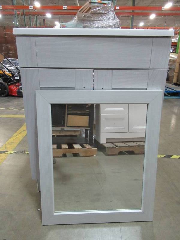 lot 33 image: Gray Vanity With Pre-drilled, 3 Hole White Top And Mirror - Model Unknown