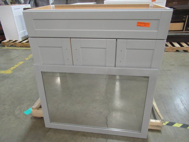 lot 35 image: Style Selections Gladmere 36.5-in Dove Gray Single Sink Bathroom Vanity Cabinet and Mirror - Missing Top