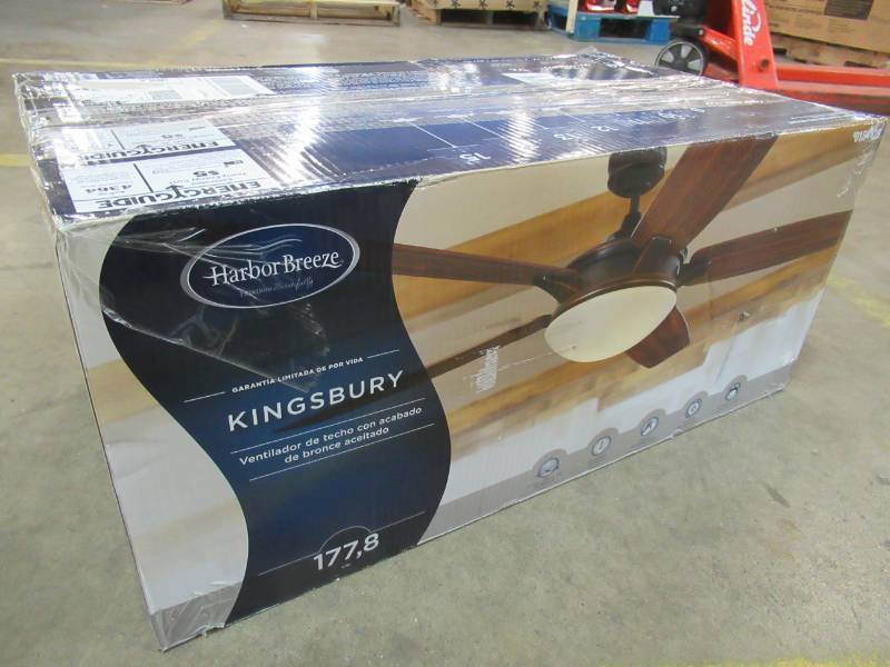 lot 58 image: Harbor Breeze Kingsbury 70-in Oil rubbed bronze Indoor Downrod Mount Ceiling Fan with Light Kit and Remote 40943