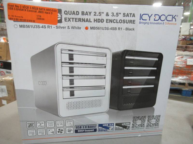 lot 64 image: ICY DOCK Quad Bay 2.5 3.5 SATA HDDSSD USB 3.0eSATA External JBOD Hard Drive Enclosure - Black - New in Box
