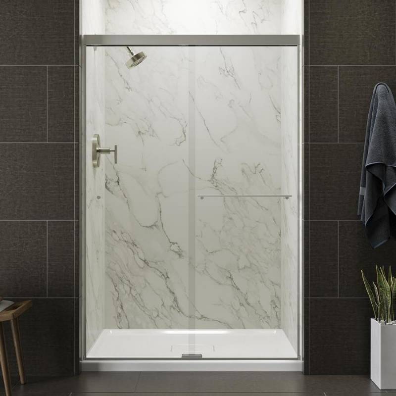 lot 97 image: KOHLER Revel 44.625-in to 47.625-in W Frameless Anodized Brushed Nickel BypassSliding Shower Door R707101-L-BNK