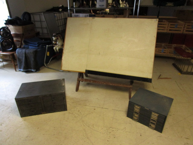 lot 254 image: WOODEN DRAFTING TABLE WITH TWO METAL SMALL CABINETS