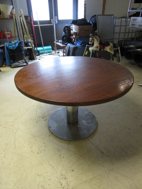 lot 256 image: WOODEN TABLE WITH METAL BASE