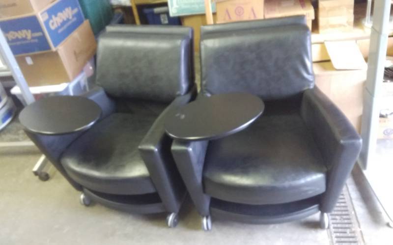 lot 1 image: 2-Black Tablet Chairs Removable Deck & Under Built-In Shelf. 2-Front Wheels Made By OFS