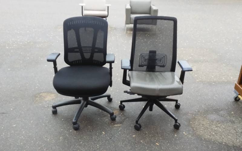 lot 13 image: 2-Rolling Adjustable  Office Chairs With Arms. 1-Grey Seat (Haworth), 1-Black Seat (Uline)-Both Black Mesh Back
