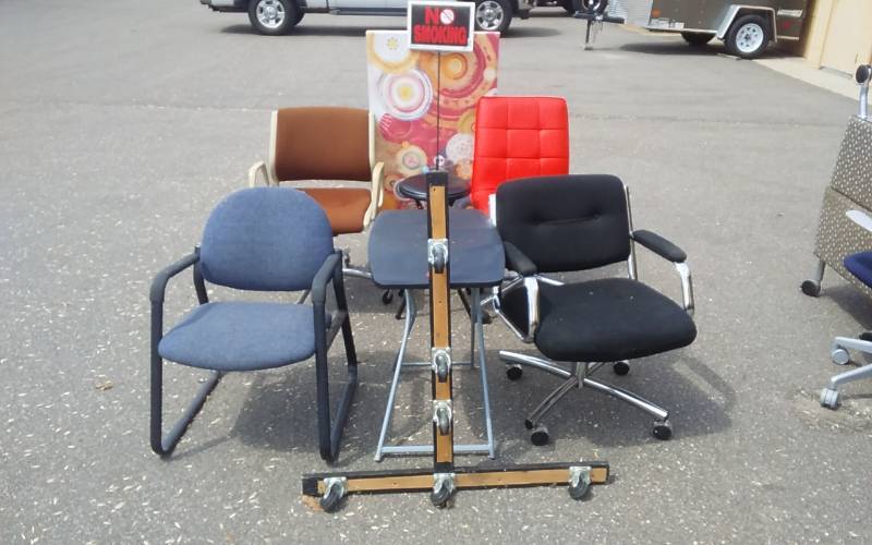 lot 15 image: 3-Office Chairs On Wheels, 1-Side Chair, 1-Stool, 1-Folding Table, 1-Sign, 1-6 Wheel T-Dolly, 1-Picture, 1-Plastic Chair Mat