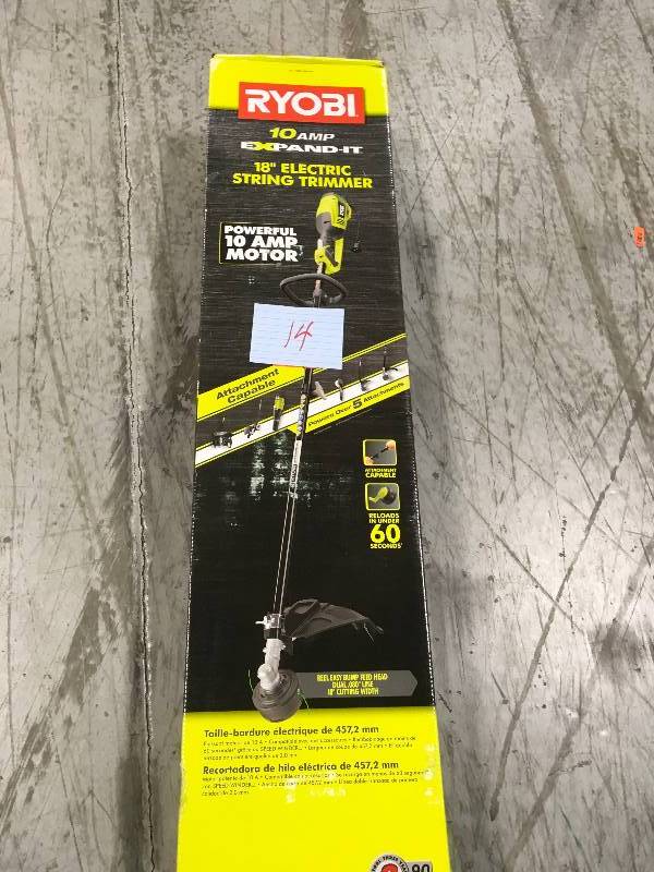 lot 14 image: RYOBI 18 in. 10 Amp Electric String Trimmer  in good working condition