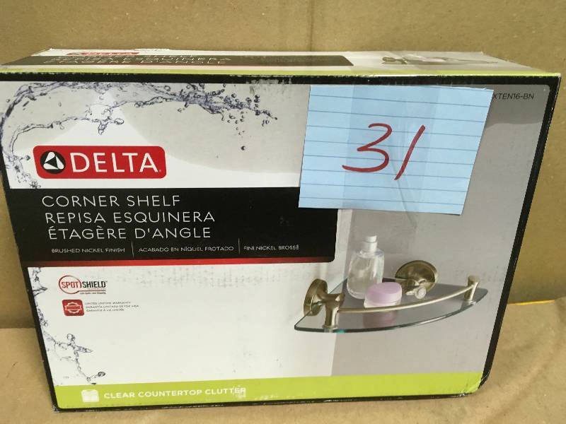 lot 31 image: Delta 8 in. W Glass Corner Shelf in Brushed Nickel in good condition