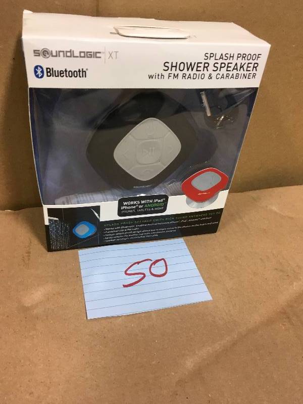 lot 50 image: SoundLogic Bluetooth Shower Speaker with FM Radio and Carabiner in Black in good condition