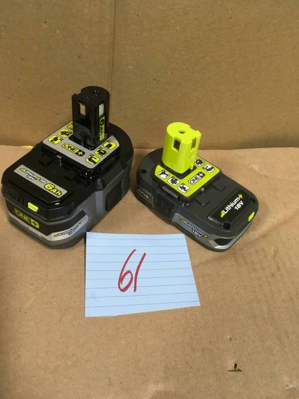 lot 61 image: (1) RYOBI 18-Volt ONE Lithium-Ion 1.5 Ah LITHIUM Compact Battery Pack & (1) RYOBI 18-Volt ONE Lithium-Ion LITHIUM HP 6.0 Ah High Capacity Battery  in good working condition