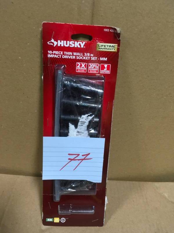 lot 77 image: Husky 38 in. Drive Thin Wall Deep Impact Socket Set MM (10-Piece) in good condition