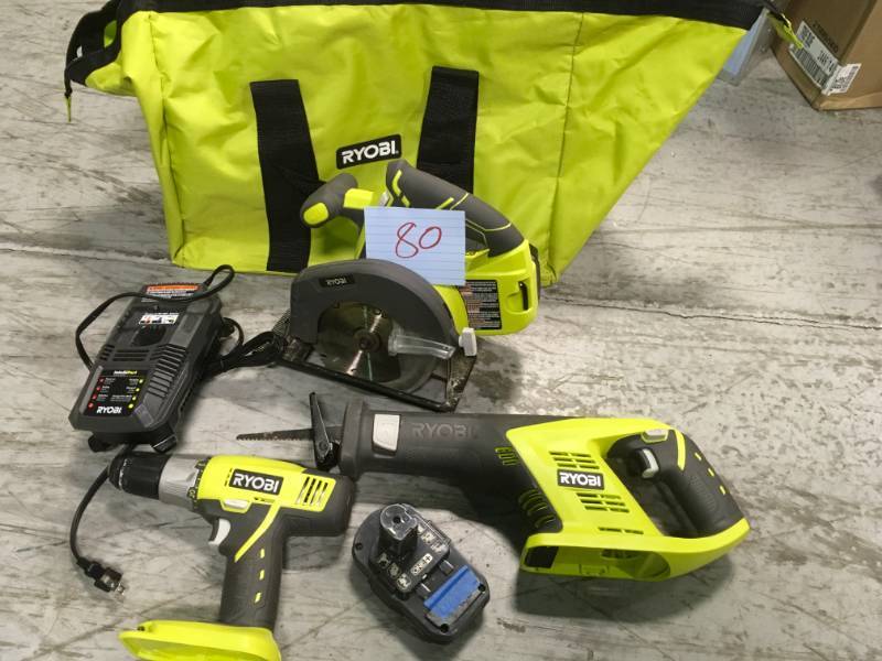 lot 80 image: RYOBI 18-Volt ONE Lithium-Ion Cordless 3-Tool Super Combo Kit with (2) 1.3 Ah Batteries, Charger, and Tool Bag missing light  in good working condition