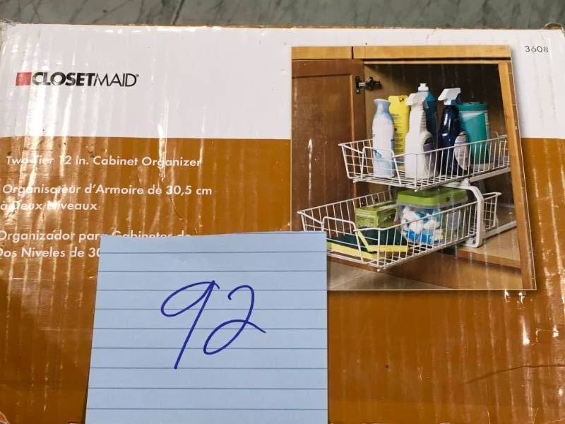 lot 92 image: ClosetMaid 12.11 in. W 2-Tier Ventilated Wire Sliding Cabinet Organizer in White in good condition