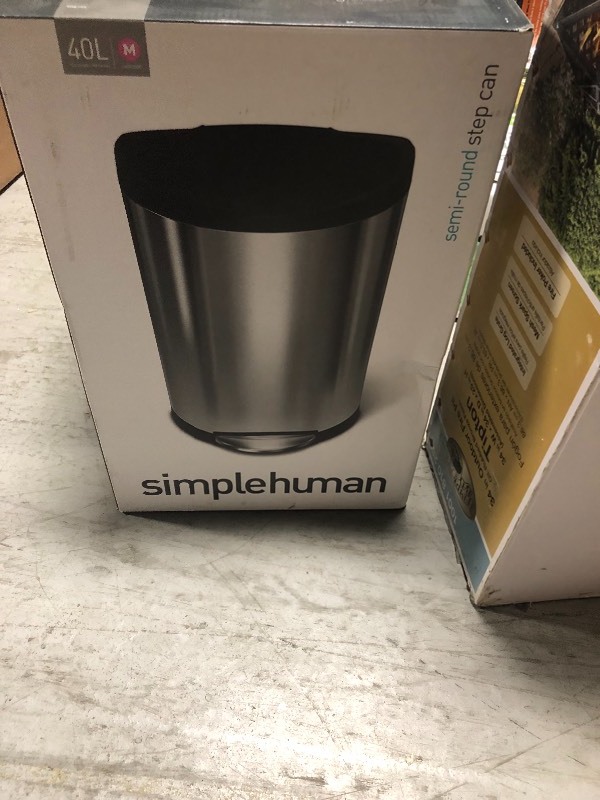 lot 109 image: simplehuman studio 40 Liter Semi-Round Step Trash Can in Brushed Stainless Steel with Plastic Lid in good conditions