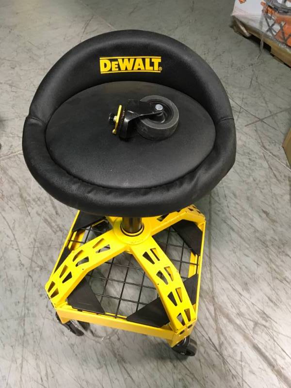 lot 3 image: DEWALT 24 in. H x 16 in. W x 16 in. D Adjustable Shop Stool with Casters NEED REPAIR WELDING ONE CASTER