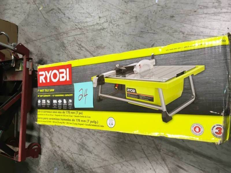 lot 24 image: RYOBI 7 in. 4.8 Amp Tabletop Tile Saw MISSING 1 BLADE NUT, 1 GUARD, 1 SQUARE  in good condition