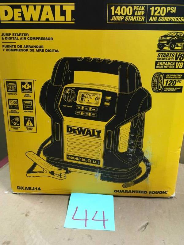 lot 44 image: DEWALT 1400 Peak Amp Jump Starter with Digital Compressor  in good condition