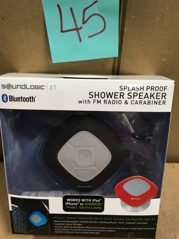 lot 45 image: SoundLogic Bluetooth Shower Speaker with FM Radio and Carabiner in Black  in good condition