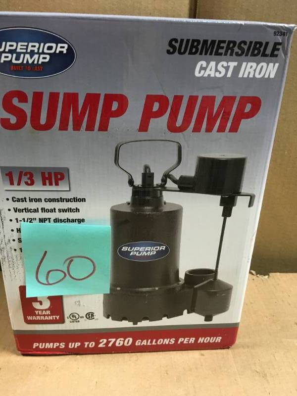 lot 60 image: Superior Pump 13 HP Submersible Cast Iron Sump Pump not used