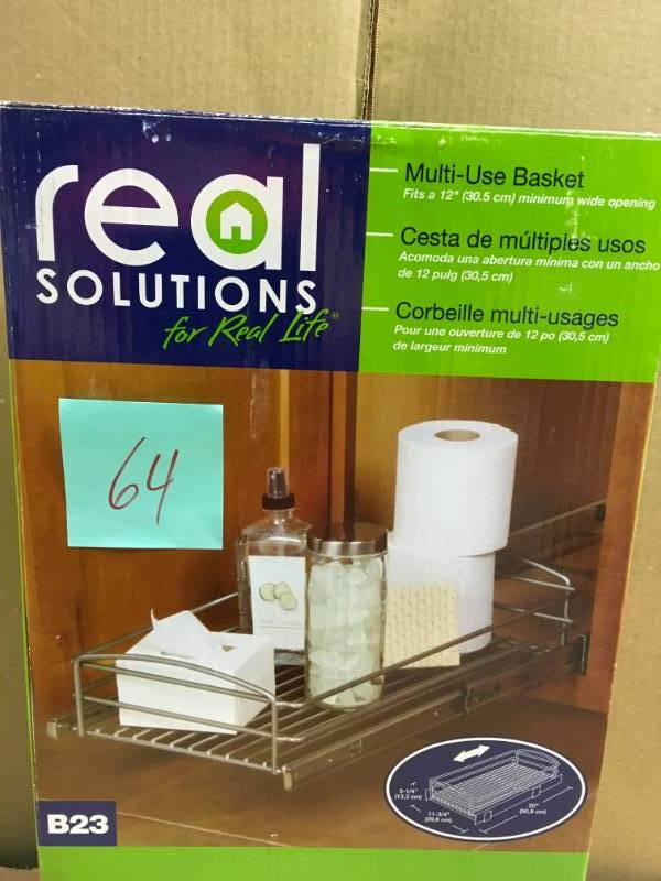 lot 64 image: Real Solutions for Real Life 5 in. H x 12 in. W x 20 in. D Multi-Use Pull-Out Basket Cabinet Organizer in Silver  in good condition