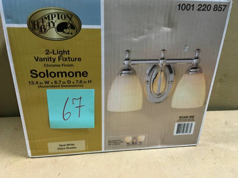 lot 67 image: Hampton Bay Solomone 2-Light Polished Chrome Vanity Light with Opal Glass Shades  in good condition