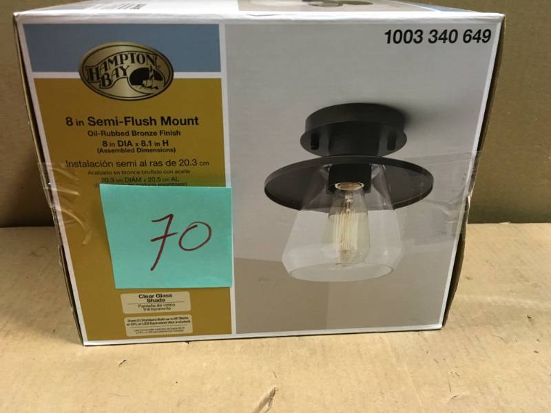 lot 70 image: Hampton Bay 1-Light Oil Rubbed Bronze and Glass Vintage Semi-Flush Mount  in good condition