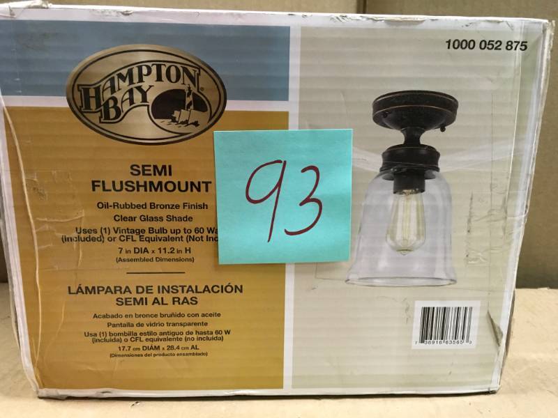 lot 93 image: Hampton Bay 1-Light Oil Rubbed Bronze Vintage Bulb Semi-Flush Mount with Bell Shaped Clear Glass Shade in good condition