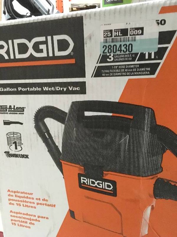 lot 79 image: RIDGID 3 Gal. 3.5-Peak HP Portable Pro WetDry Vacuum  in good condition