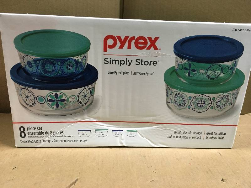 lot 7 image: Pyrex Simply Store Decorated Glass Storage 8-piece Set  in good condition