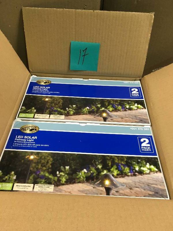 lot 17 image: Hampton Bay Solar Oil Rubbed Bronze Outdoor Integrated LED Mushroom Landscape Path Light with Remote Solar Panel (2-Pack) QTY 2  in good condition